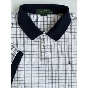 Lauren Ralph Lauren‎ Men's XL White Blue Plaid Check Retro Short Sleeve Polo
